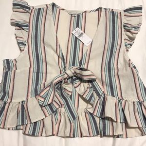 AEO Striped Cropped ruffle Tie Blouse
